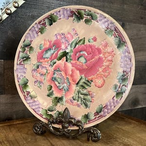 Vintage Hand Painted Porcelain Floral and Grapevine Round Plate