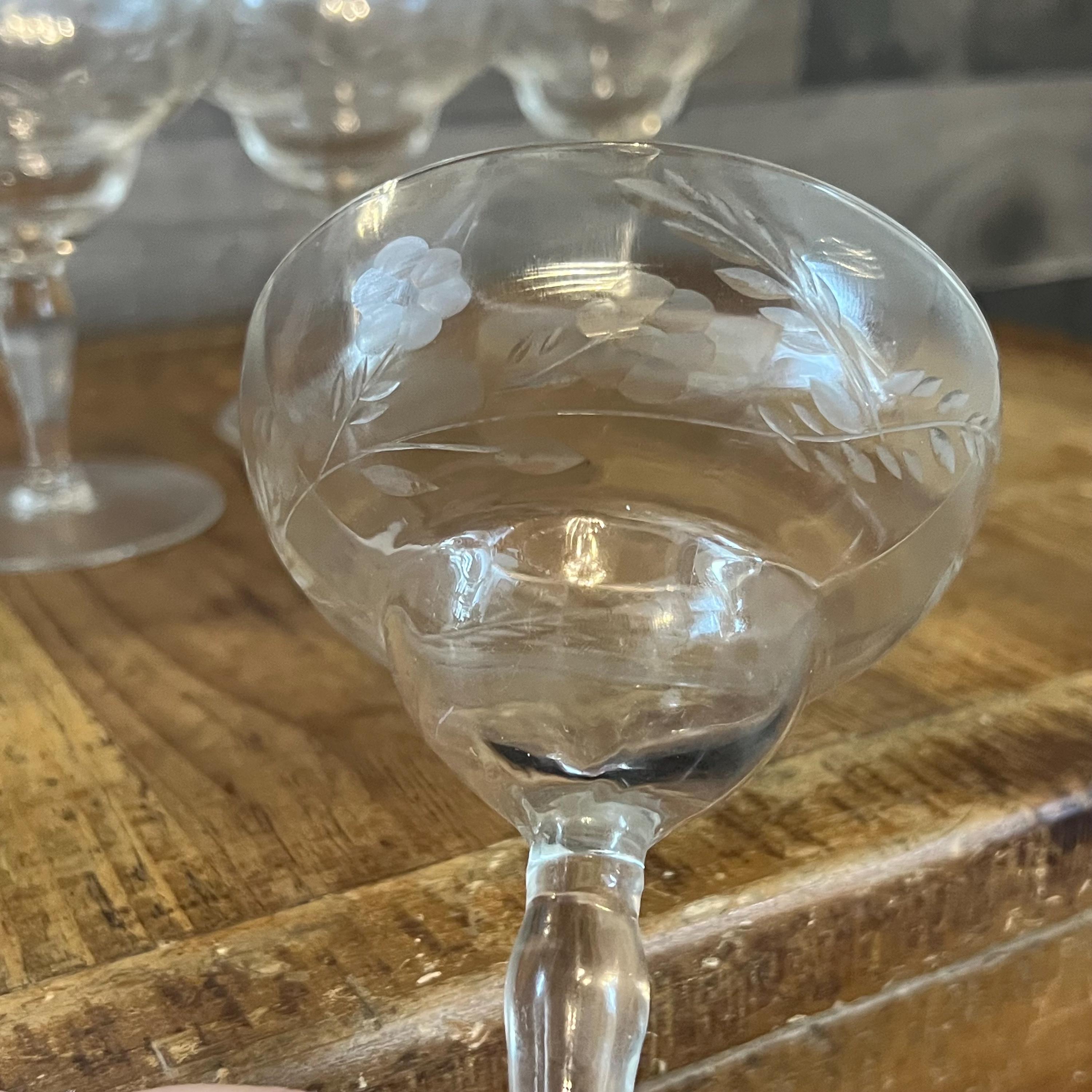 Set vintage di 4 coppe da champagne in cristallo con incisioni floreali e a foglia - Coppe da cocktail - Bicchieri da margarita - Italia