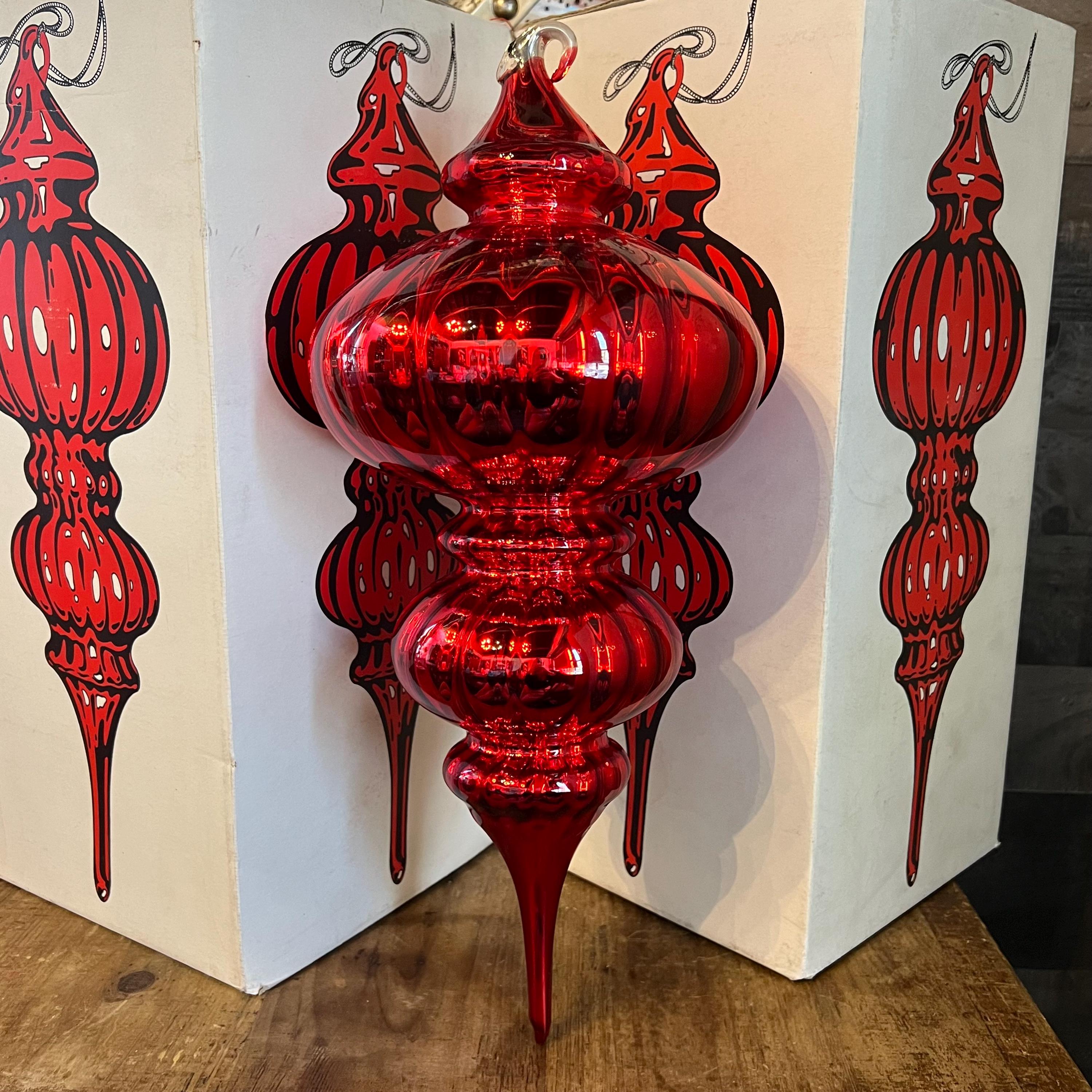 Vintage Red Optic Mercury Glass Tear Drop Finial Ornament