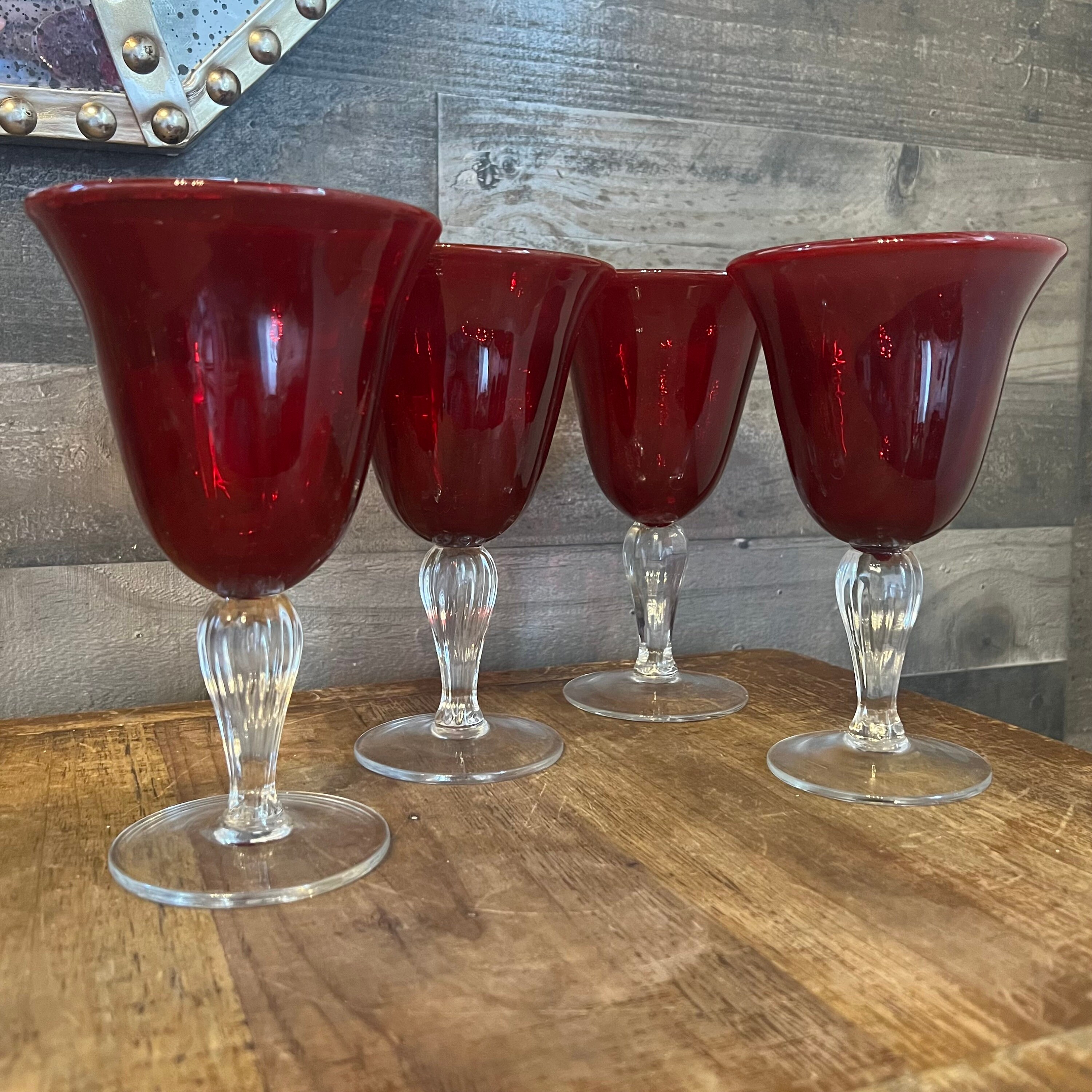 Set of 8 Art Deco Ruby and Translucent Crystal Wine Glasses with