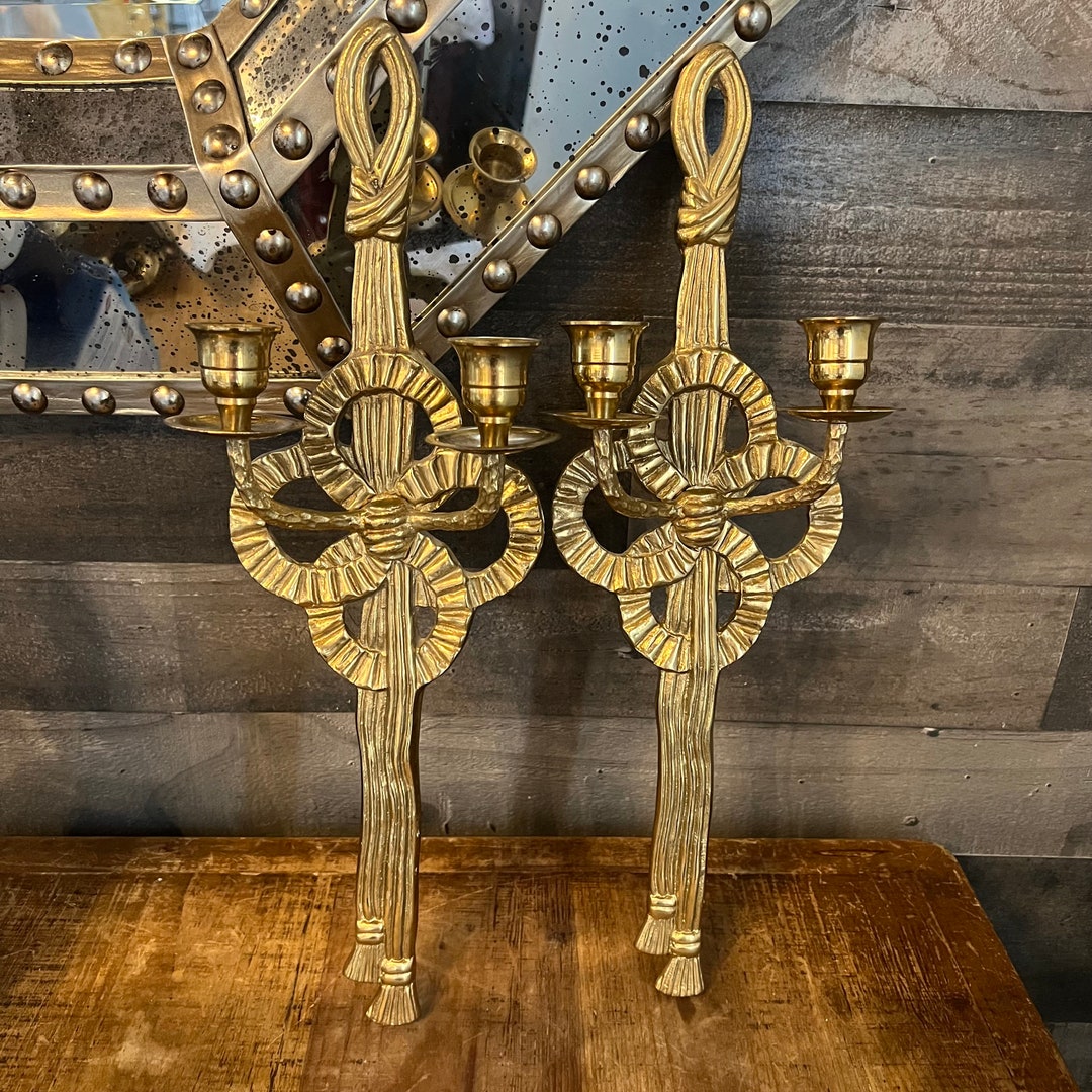 Vintage Brass Wall Sconce Candlestick Holder Bow Ribbon Etsy