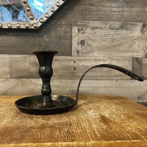 Vintage heavy long handled iron candlestick holder - chamberstick - vintage home decor - colonial home - country home - cottage home decor