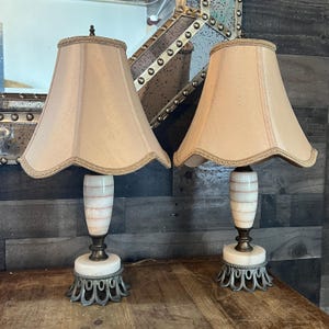 Vintage Pair of Creamy White Marble Lamps with Orange/Pink Stripes and Brass/Metal Accents