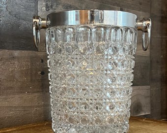 Cubitera de cristal vintage con borde y asas plateadas - Enfriador de champán - Enfriador de botellas