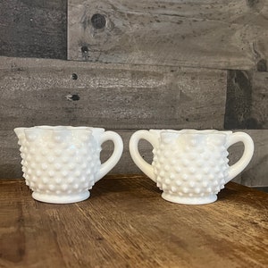 Fenton hobnail milk glass handled cream and sugar bowl set