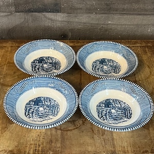 Vintage Royal USA Currier and Ives Blue Bowls - Fruit Bowls - Dessert Bowls - Cereal Bowls - Set of 4
