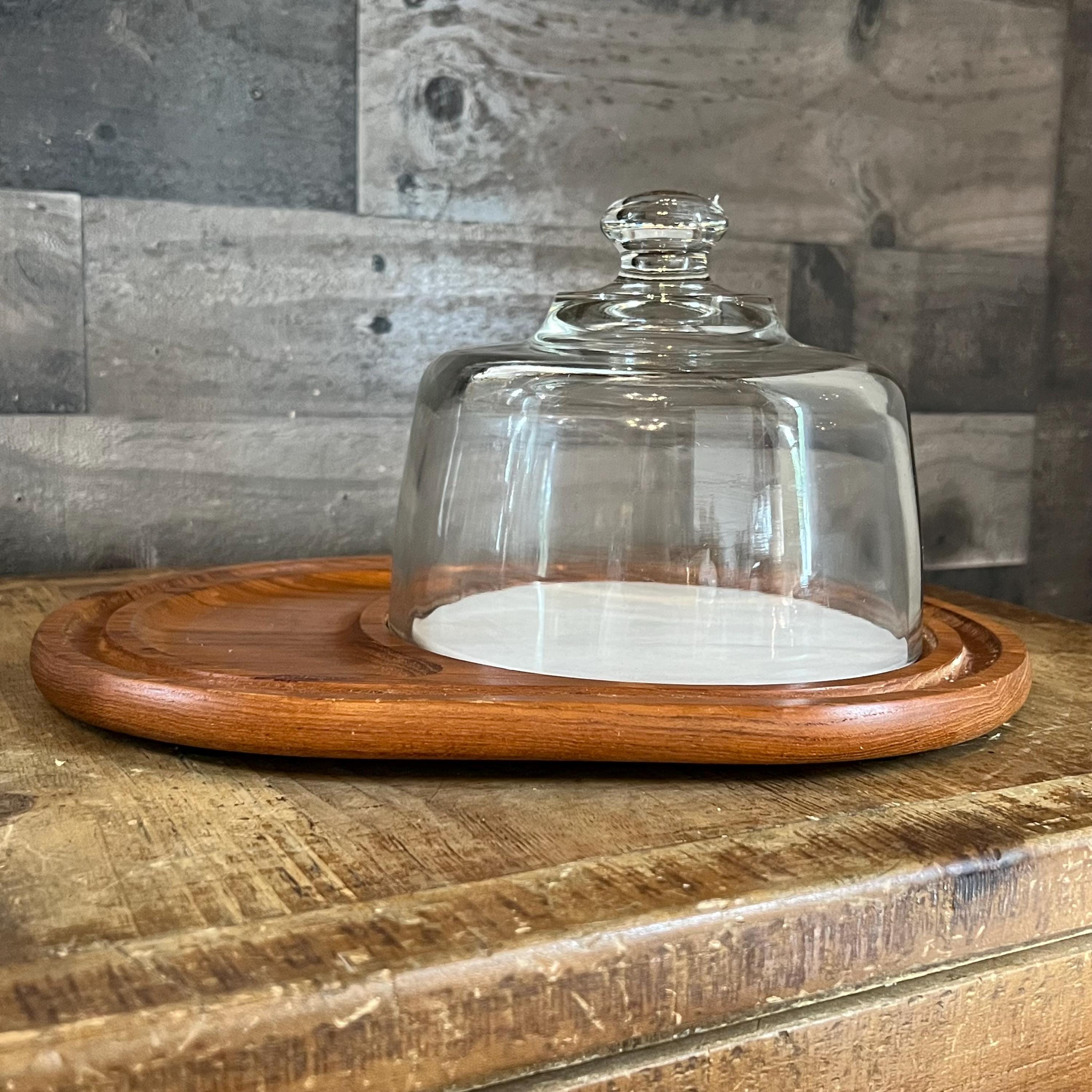 Vintage Wooden Cheese Board With Round Marble and Glass Dome