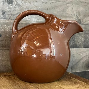 Vintage Hall Pottery Brown Handled Round Bubbly Pitcher