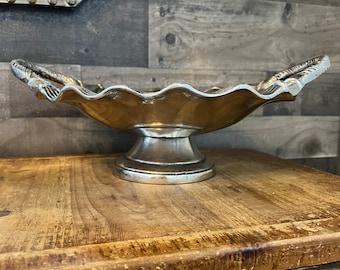 Vintage Silver Tone Wavy Rim Handled Large Footed Compote Bowl