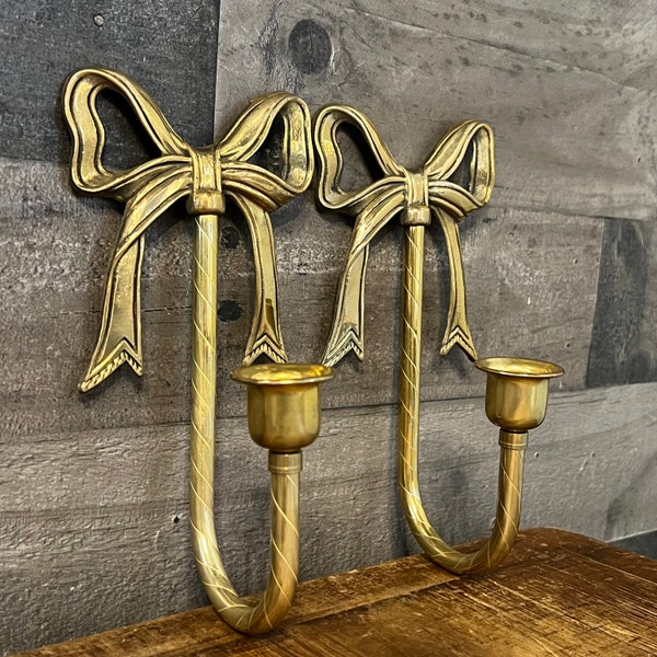 Vintage brass bow candle wall sconces - pair