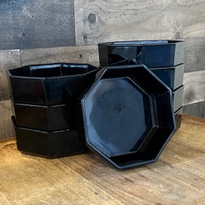 8 Tigelas de Cereal Octogonais de Vidro Preto Arcoroc France Octime