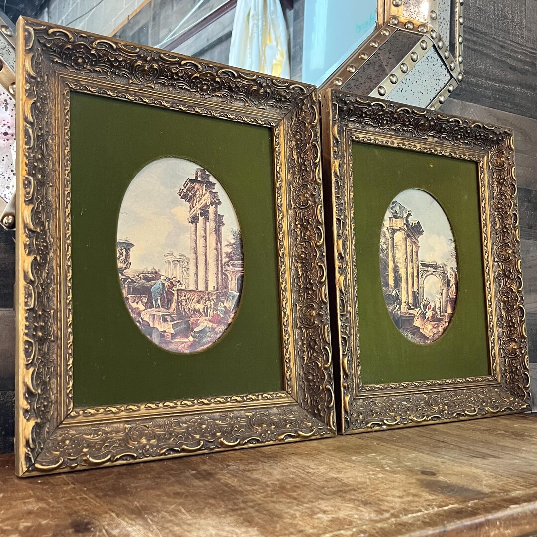 Pair of Oval Roman Ruins Scenes With Green Fabric and Vintage Wooden ...