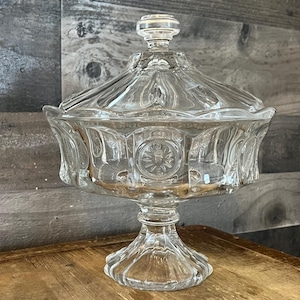 Vintage Fostoria Coin Glass Clear Large Compote Pedestal Lidded Bowl