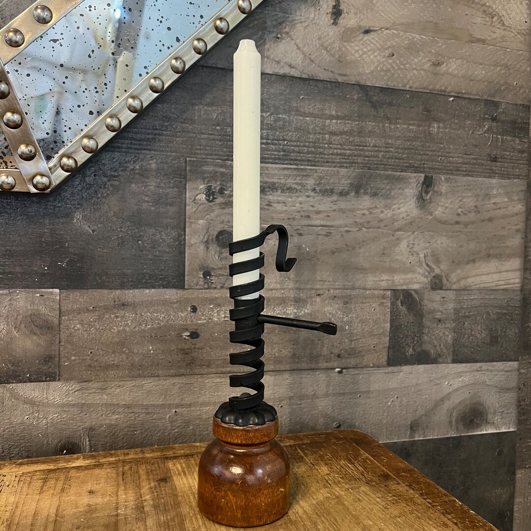 Vintage Spiral Twist Up Wrought Iron And Wooden Courting Chamberstick Vintage Spiral Twist Up Wrought Iron And Wooden Courting Chamberstick