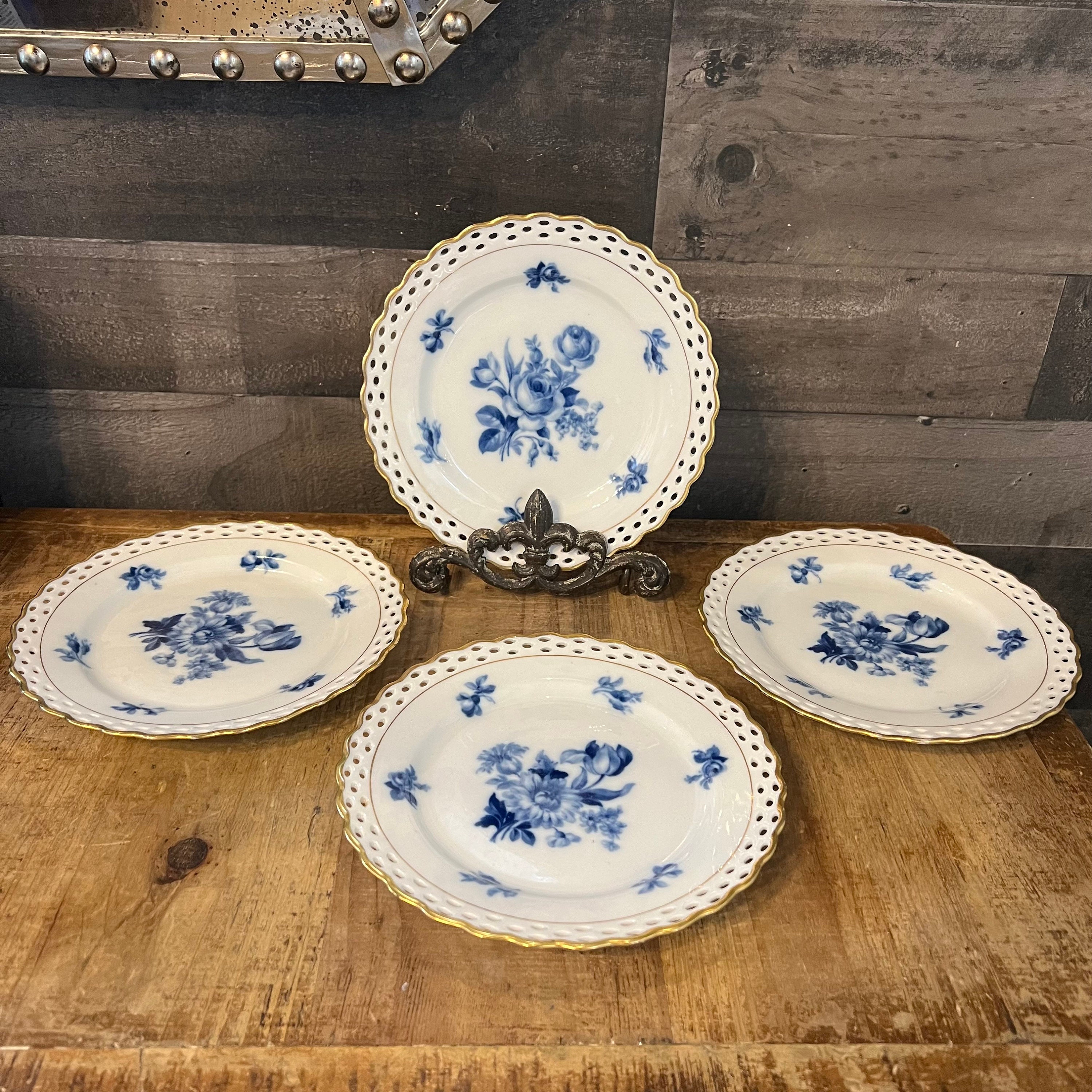 Vintage White Perforated Rim Plates With Blue Floral Accents and
