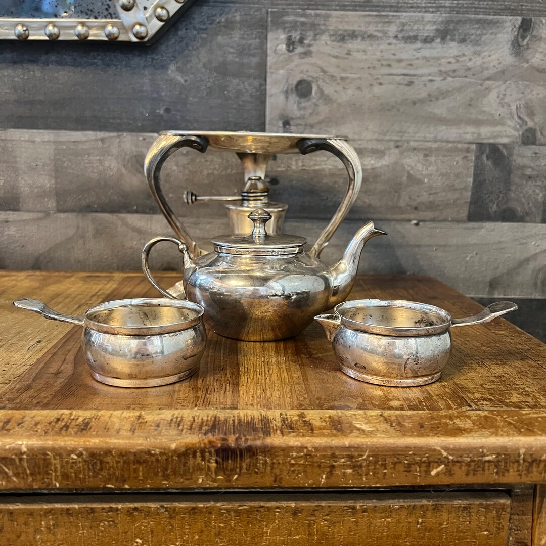 Vintage Stackable Silver Tone Creamer, Sugar, Teapot, 3 Legged Stand ...