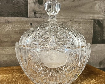 Floral Etched Crystal Candy Dish with Lid - Dorsette Style