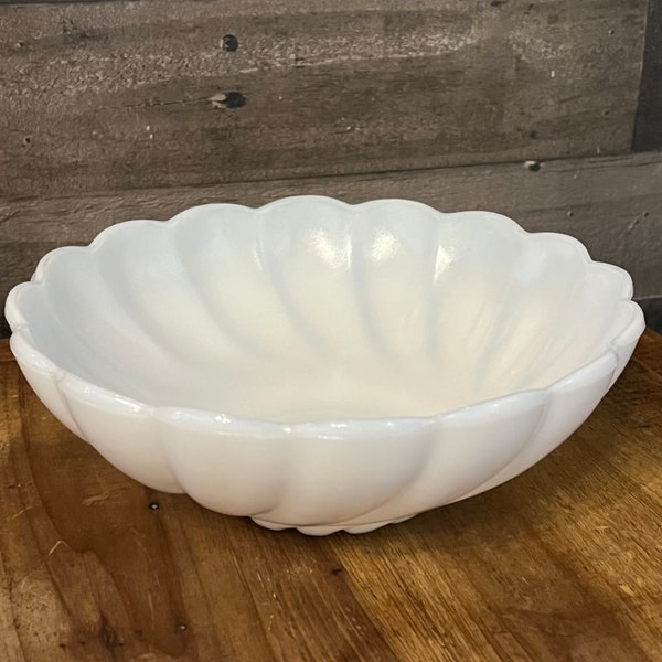 Vintage Hazel Atlas white milk glass swirl pattern scallop rim bowl