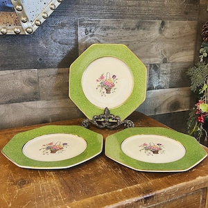 Antique Wedgwood & Co imperial porcelain octagon green and gold rim flower basket plates - set of 3