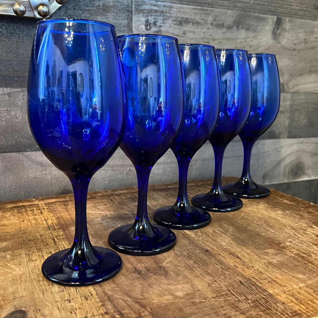 Set of 5 Cobalt Blue Glass Wine Glasses Water Goblets Etsy