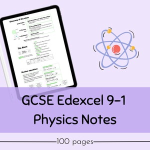 Könnte beinhalten: Ein digitales Tablet zeigt Notizen für GCSE Edexcel 9-1 Physik. Die Notizen behandeln Themen wie die Entdeckung des Atoms, das Atom selbst und Kernreaktionen. Das Tablet befindet sich auf einem violetten Hintergrund mit einer Cartoon-Atomillustration.