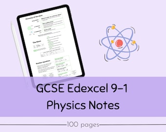May include: A digital tablet displaying notes for GCSE Edexcel 9-1 Physics. The notes cover topics like the discovery of the atom, the atom itself, and nuclear equations. The tablet is on a purple background with a cartoon atom illustration.