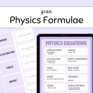 May include: A purple and white digital tablet displaying physics equations for GCSE students. The equations are organized into categories such as average speed, charge, energy transferred, force, height, frequency, power, and refractive index.