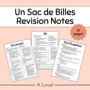 May include: Revision notes for the French novel "Un Sac de Billes" (A Bag of Marbles) by Joseph Joffo. The notes cover the themes of survival, the chapters, and the character of Jo. The document is 37 pages long.