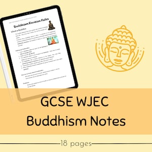 May include: A digital tablet displaying notes on Buddhism for GCSE WJEC exams. The tablet is open to a page titled "What is Buddhism?" and features a yellow outline of the Buddha's face. The text "GCSE WJEC Buddhism Notes - 18 pages" is displayed below the tablet.