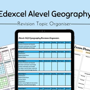 Op de afbeelding: Een digitale revisie-onderwerpenorganisator voor Edexcel A-level Aardrijkskunde. Het scherm toont een revisieorganisator met secties voor notities, begrip, lezen, oude papers en revisie. Extra planners zijn zichtbaar.