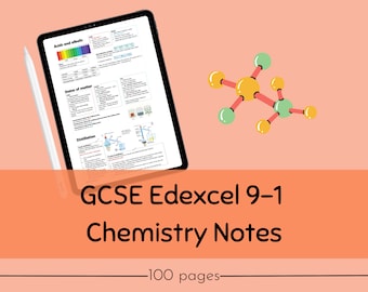 May include: A digital tablet displaying notes for GCSE Edexcel 9-1 Chemistry. The notes cover topics such as acids and alkalis, states of matter, and distillation. The tablet is on a pink background with a colourful molecular structure illustration.