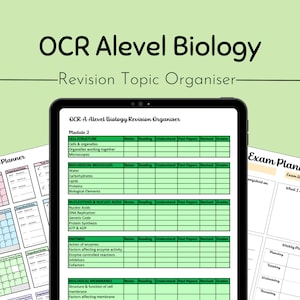 May include: A digital tablet screen displaying a green and white revision planner for OCR A-level Biology. The planner includes sections for notes, reading, understanding, past papers, revised, and grades. The planner is divided into modules, including cell structure, biological molecules, nucleotides and nucleic acids, enzymes, and biological membranes.