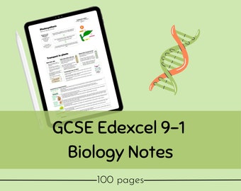 May include: A digital tablet displaying notes for GCSE Edexcel 9-1 Biology. The notes cover topics like photosynthesis and transport in plants. The tablet is on a green background with a DNA double helix illustration.