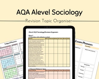 May include: A digital tablet displaying a revision topic organizer for AQA A-level Sociology. The screen shows a detailed breakdown of topics, including 'Education with methods in context' and 'Research Methods & Topics'. Additional planners for subjects and exams are also visible.