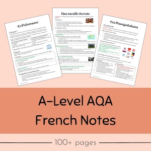 以下が含まれることがあります： A-Level AQA フランス語ノート、フランスの遺産、多様な社会、そしてデモについて解説した3ページのセット。ページは白黒で白紙に印刷されています。タイトル「A-Level AQA フランス語ノート」は、桃色の背景に黒で印刷されています。