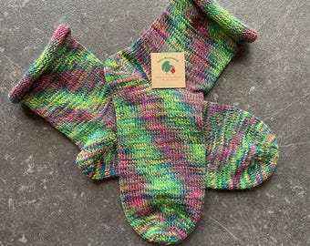 Gebreide sokken, maat 38/39, wollen sokken, groen-multicolor gebreide sokken met opgerolde boord, damessokken, inclusief geschenkverpakking