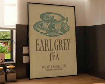 Póster vintage de té Earl Grey que muestra una taza de té victoriana. Este servicio digital escalable está disponible para su descarga inmediata.