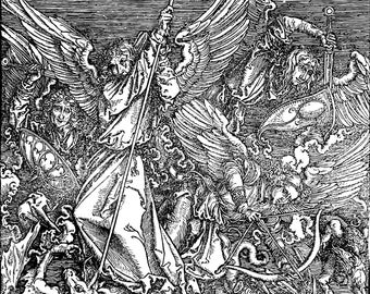 Albrecht Durer - Saint Michael fighting the dragon- handmade linocut, reproduction, graphic, by Pawel Naumowicz