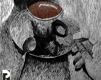 Morning coffee - handmade linocut, graphic, by Pawel Naumowicz