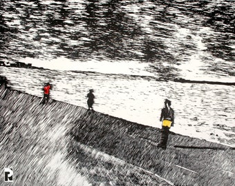 Runners - handmade linocut, graphic, by Pawel Naumowicz