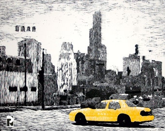 Taxi - handmade linocut, graphic, by Pawel Naumowicz
