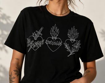 Sacred Heart T-Shirt | Catholic Dagger Rose Shirt | Religious Line Art Tee | Aesthetic Edgy Christian Gift