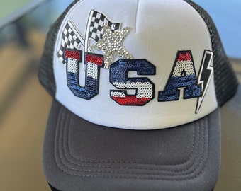 USA Patriotische Trucker-Mütze, Mesh-Baseballmütze, Glitzer-Patch USA-Baseballmütze, 4. Juli, Memorial Day, USA-Mütze