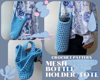 Mesh Bottle Holder Tote Crochet PATTERN | Water Bottle Tote | Digital Download PDF | Crochet Pattern for Bottle Tote | Even Moss Stitch