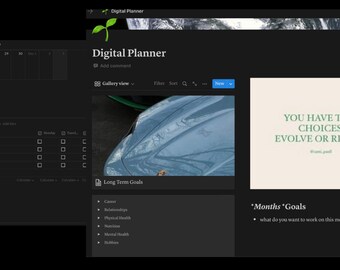 Op de afbeelding: Een digitale planner-app-interface met een donkere achtergrond. De app heeft een kalender, een wekelijkse takenlijst, langetermijndoelen en een sectie voor maandelijkse doelen. De app bevat ook een motiverend citaat: "Je hebt twee keuzes: evolueren of herhalen."