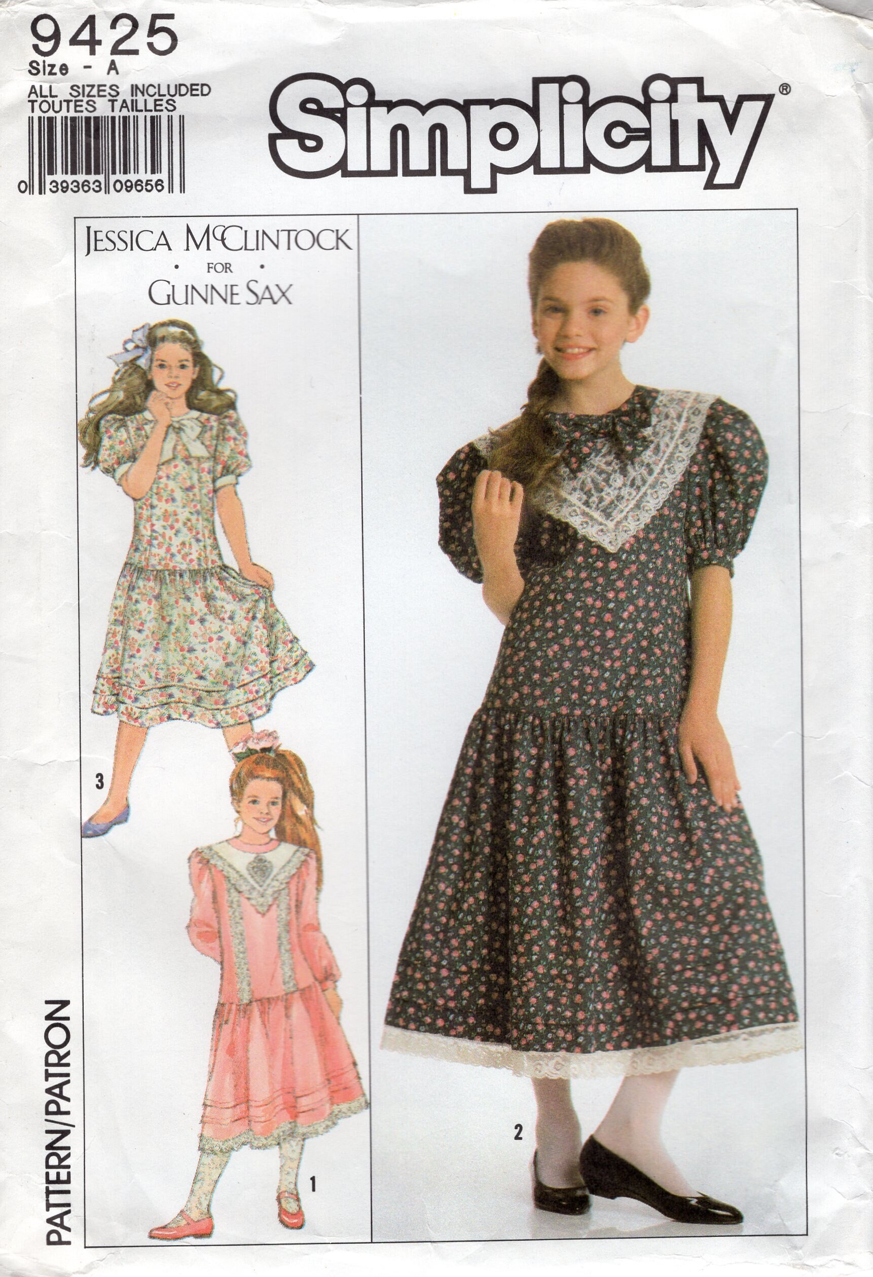 Simplicity 9425 Multi size Girls' Dress (dropped waistline; puffy sleeves) Sewing Pattern (1989) by Jessica McClintock for Gunne Sax - Uncut