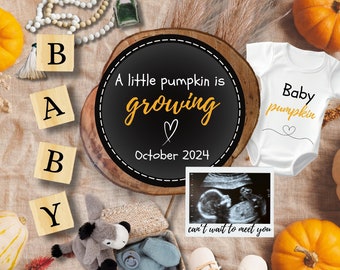 May include: A baby announcement featuring a chalkboard sign that reads "A little pumpkin is growing" with a heart and the date "October 2024". There are wooden blocks spelling out "BABY", a white onesie with the text "Baby pumpkin" and a heart, a sonogram image, and pumpkins.