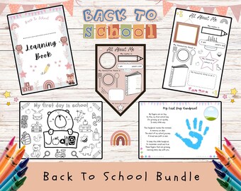 May include: A printable back to school bundle with a learning book, all about me pages, a first day of school coloring page, and a handprint page. The pages feature a cute bear, rainbows, and stars.