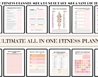 May include: A set of printable fitness planner templates in a pink and white color scheme. The templates include sections for daily exercise tracking, monthly habit tracking, weekly reflection, and more. The text "Ultimate All in One Fitness Planner" is displayed in a banner at the top of the image.