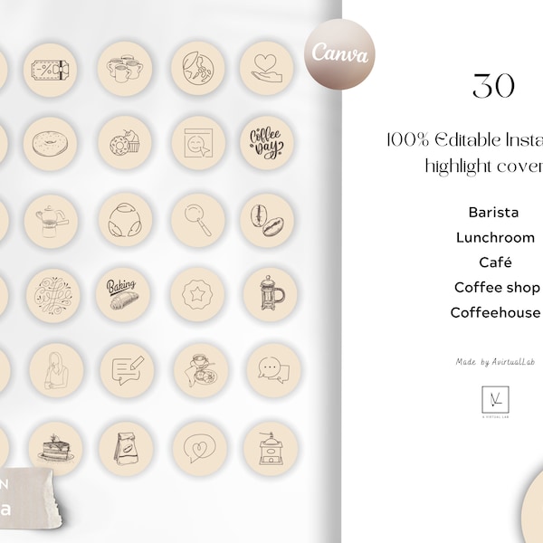 30 Instagram story highlight cover templates | Coffee shop, cafe | Lunchroom | Barista | Edition: Mocca | Editable / customize in Canva